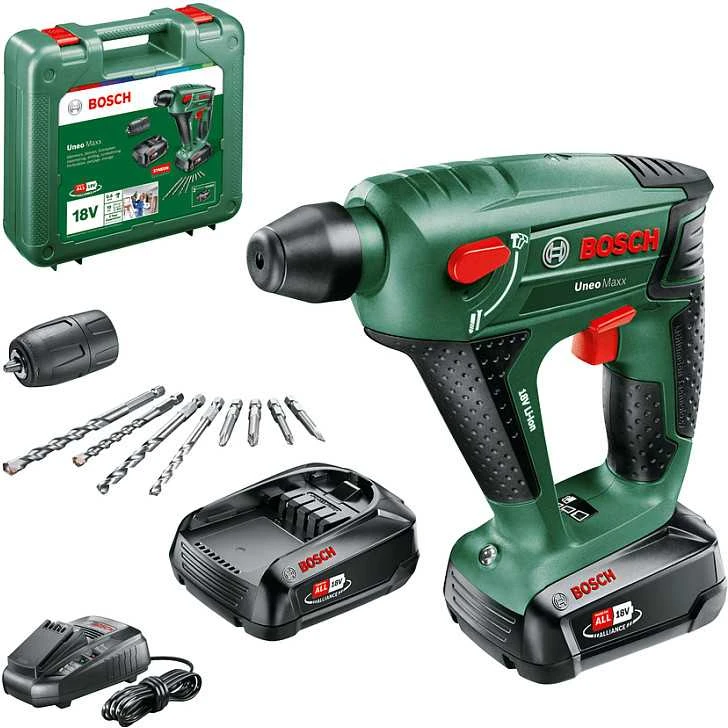 Perforatorius Bosch Uneo Maxx; 0,6 J; SDS-greitas; 18 V; 2x2,5 Ah akum.