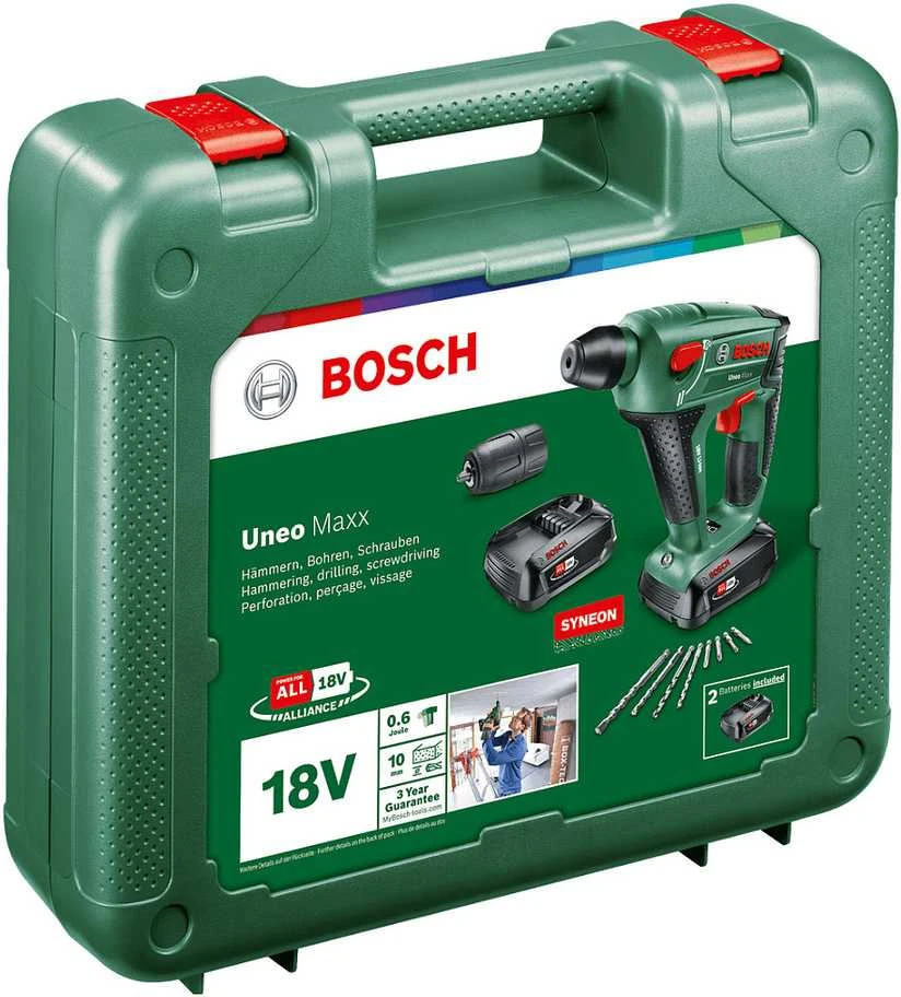 Perforatorius Bosch Uneo Maxx; 0,6 J; SDS-greitas; 18 V; 2x2,5 Ah akum.