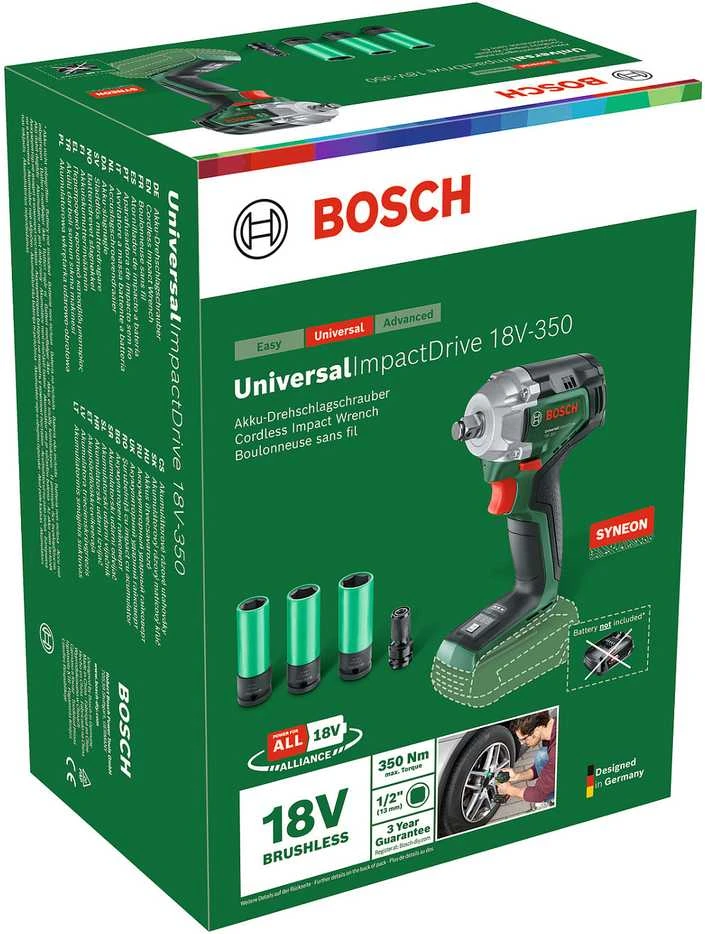 Bosch smūginis veržliasukis UniversalImpactDrive 18V-350 be akumuliatoriaus ir kroviklio + 3 sukimo galvutės