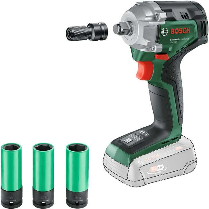 Bosch smūginis veržliasukis UniversalImpactDrive 18V-350 be akumuliatoriaus ir kroviklio + 3 sukimo galvutės