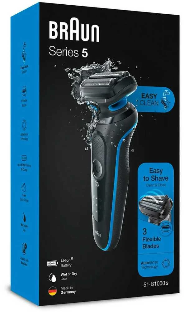 Braun | Shaver | 51-B1000s | Operating time (max) 50 min | Wet & Dry | Juodas/Mėlyna