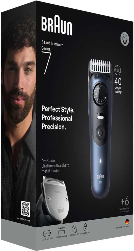 Braun BeardTrimmer 7 BT7520 Baterija 40 2 cm „Wet & Dry“ Juoda, Mėlyna
