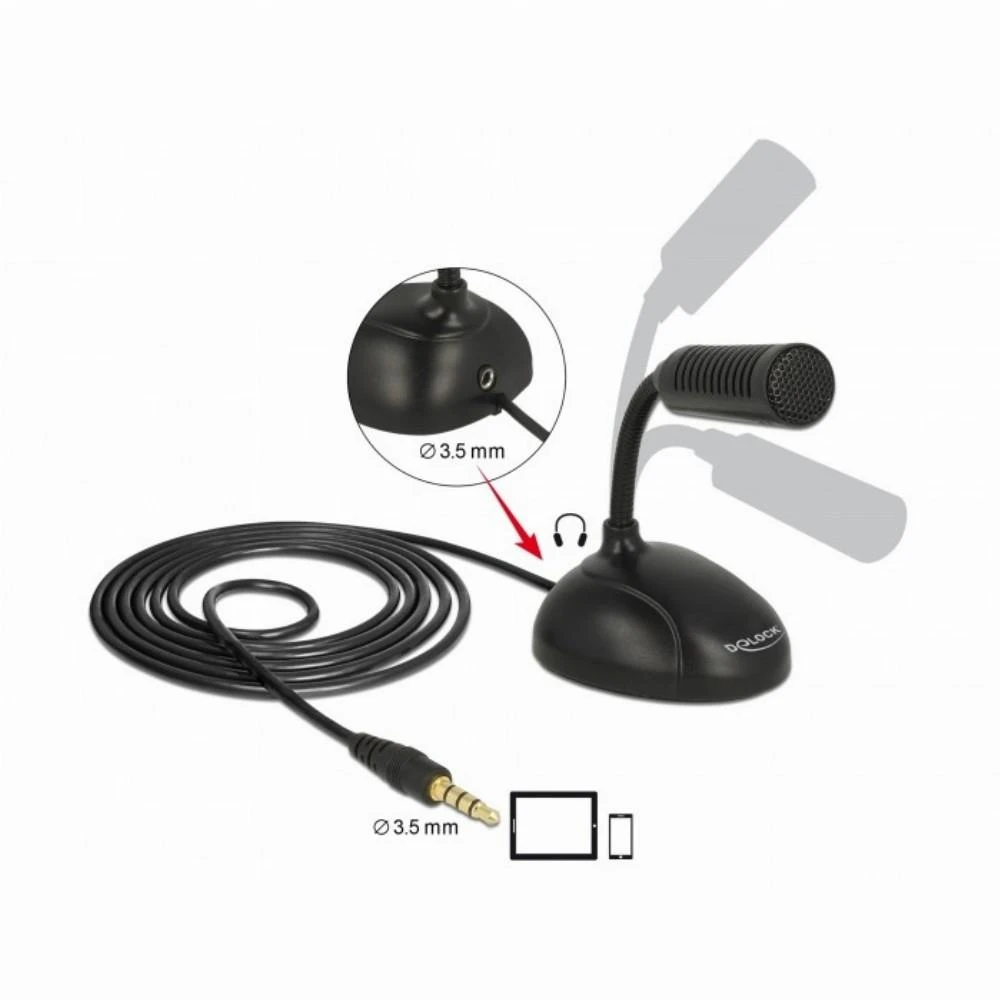 Delock Kondensator Mikrofonas Omnidirektional fr Išmanusis telefonas Planšetė mit Schwanenhals 3,5 mm 4 Pin Klinkenstecker + 3,5 mm Klinkenbuchse