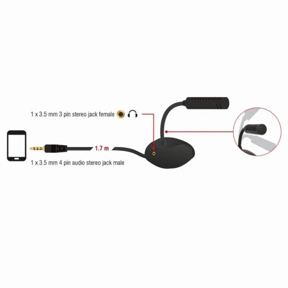 Delock Kondensator Mikrofonas Omnidirektional fr Išmanusis telefonas Planšetė mit Schwanenhals 3,5 mm 4 Pin Klinkenstecker + 3,5 mm Klinkenbuchse
