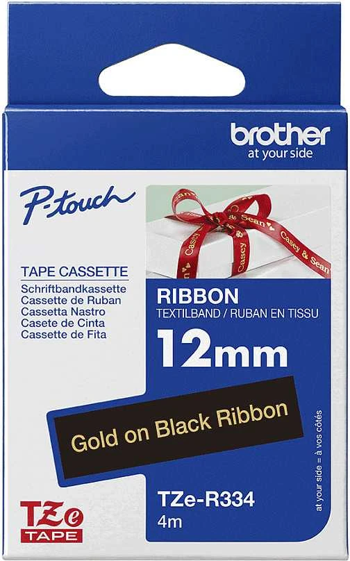 BROTHER TZE-R334 satininė juostelė - auksinis tekstas ant juodos juostelės, 12 mm