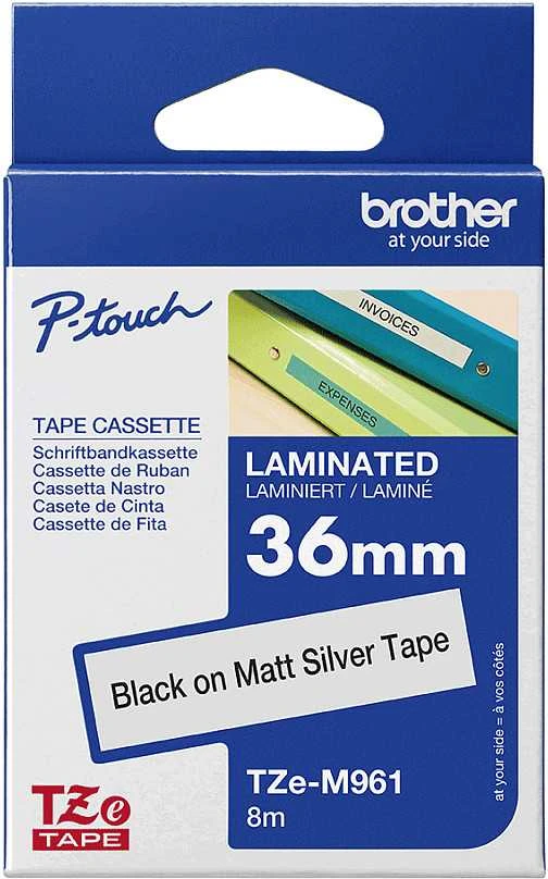 Brother TZe-M961 Metallic Matt Laminated Tape Juodas on Sidabrinis, TZe, 8 m, 3.6 cm
