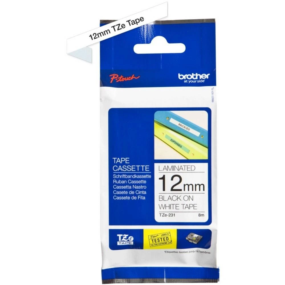 Brother | TZ-231 Laminated Tape | Juodas on Baltas | TZe | 8 m | 1.2 cm