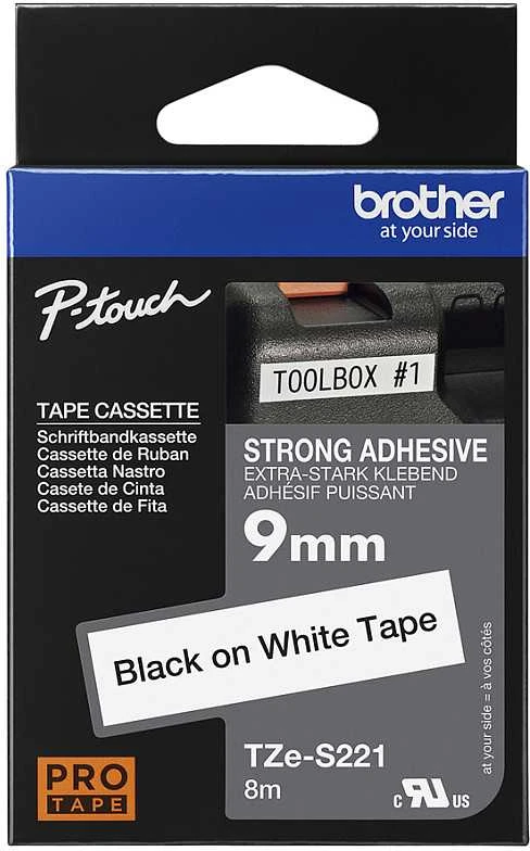 Brother | TZe-S221 Strong Adhesive Laminated Tape | Juodas on Baltas | TZe | 8 m | 9 cm