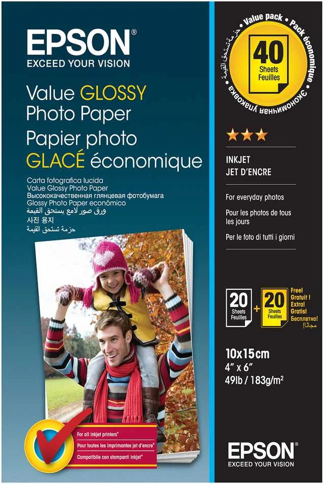 Epson Value blizgus fotopopierius – 10 x 15 cm – 2 x 20 lapų (BOGOF), blizgus, 183 g/m², A4, 10 x 15 cm, spausdinimas biure, kalendorius, nuotraukų koliažas, nuotraukų dovanos, nuotrauka, atvirukai ir dovanų įvyniojimai, sezoniniai..., 40 lapų