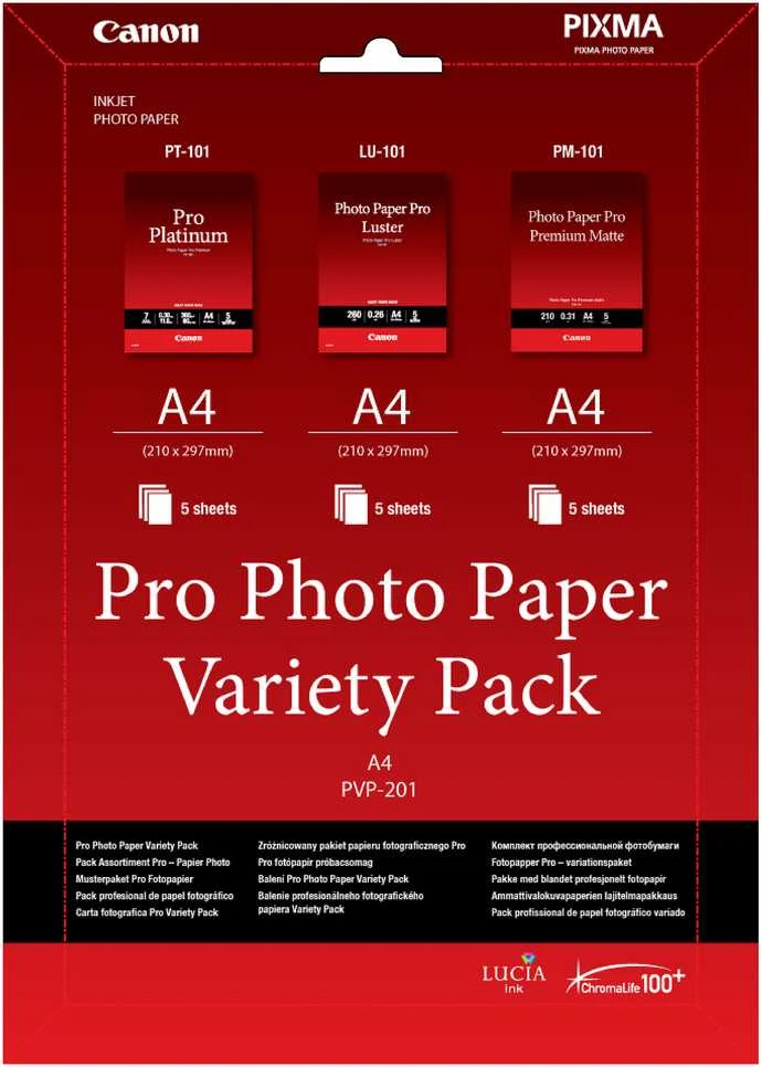 Canon PVP-201 „Pro“ fotopopieriaus įvairių spalvų pakuotė, A4 formato – 15 lapų, lazerinis/rašalinis, A4 formato, balta, 15 lapų, PIXMA MP272, PIXMA MP480, PIXMA MP490, PIXMA MP499, PIXMA MP600, PIXMA MP640, PIXMA MX455, PIXMA MX474..., 210 mm