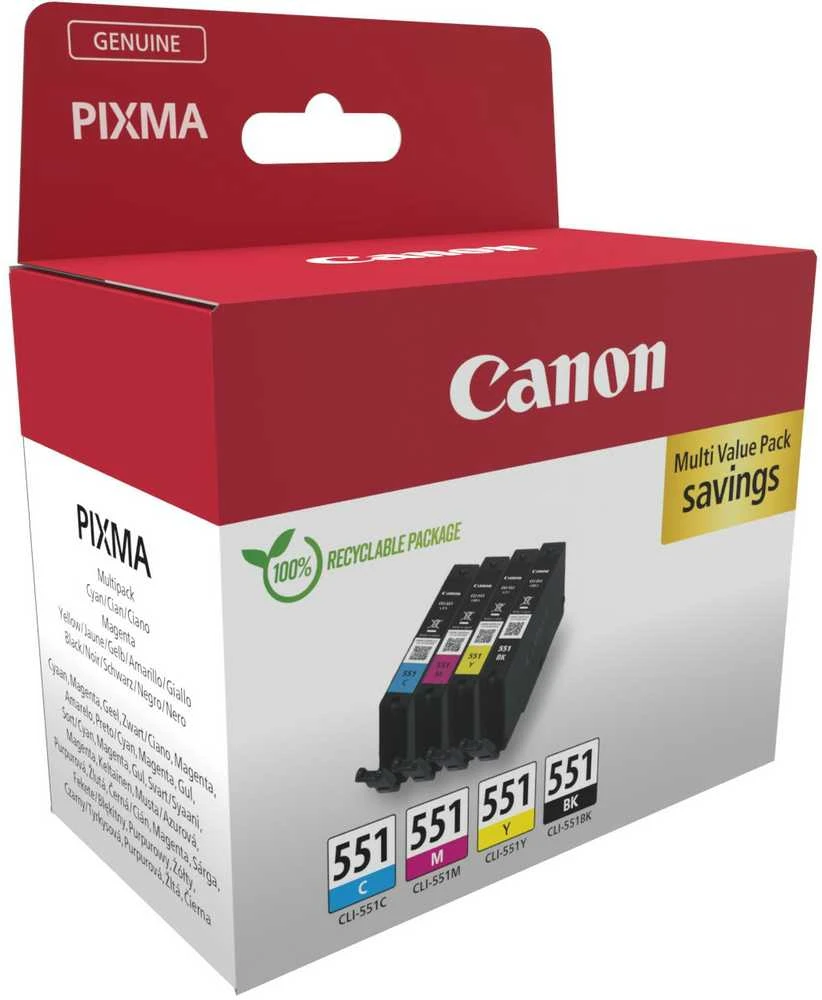 Canon kasetės | CLI-551 BK/C/M/Y Sudėtinė pakuotė | Rašalas | Juodas, geltona, žalsvai mėlyna, purpurinė