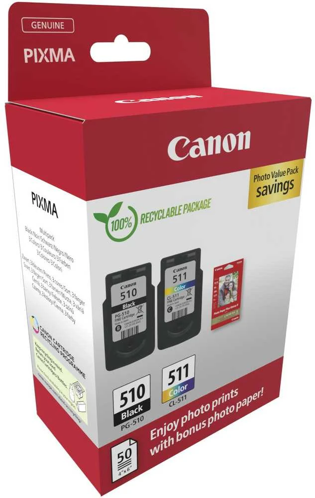 „Canon“ rašalo kasetė + fotopopierius vertės paketas | PG-510/CL-511 | Rašalo kasetė/popieriaus rinkinys | Spalva (žydra, rausvai raudona, geltona)