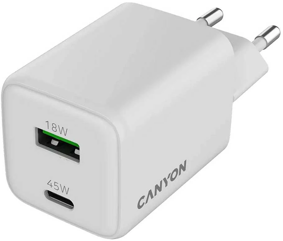 CANYON įkroviklis CU45AC GaN 45W 1xPD 1xQC EU Baltas