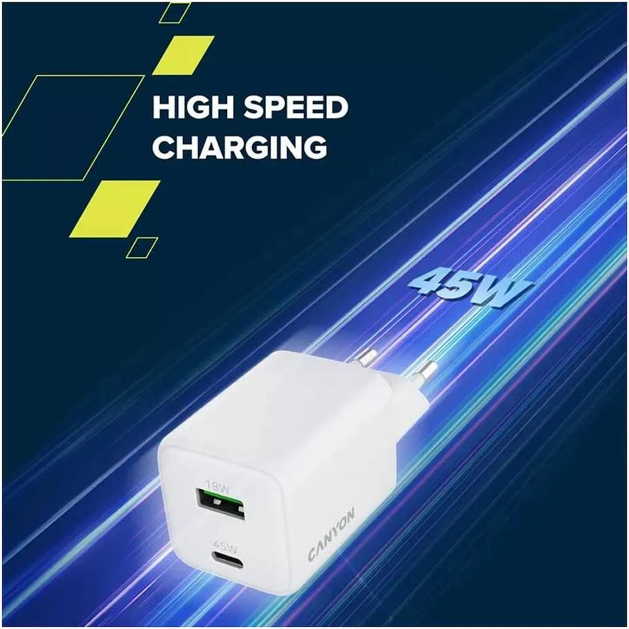 CANYON įkroviklis CU45AC GaN 45W 1xPD 1xQC EU Baltas