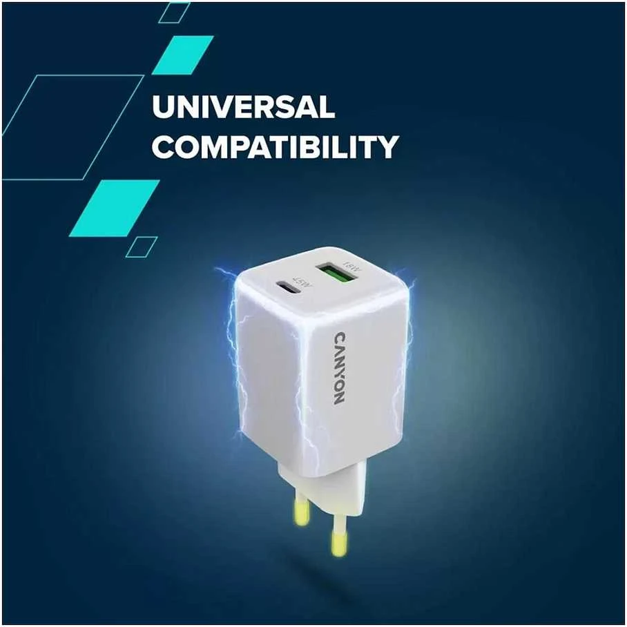 CANYON įkroviklis CU45AC GaN 45W 1xPD 1xQC EU Baltas