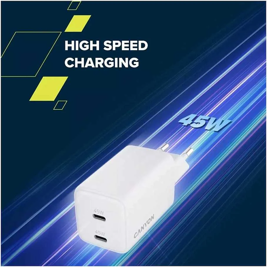 CANYON įkroviklis CU45CC GaN 45W 2xPD EU Baltas