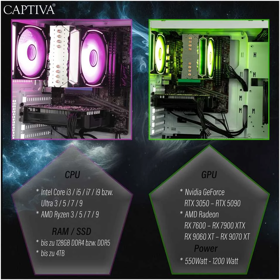 Stacionarus kompiuteris „Captiva Advanced Gaming R94-169“ žaidimų kompiuteris su AMD Ryzen 7 5700X procesoriumi, 32 GB DDR4 RAM, 1 TB M.2 SSD disku, „Nvidia GeForce RTX 5060 Ti“, „Wi-Fi 6“, „Windows 11“
