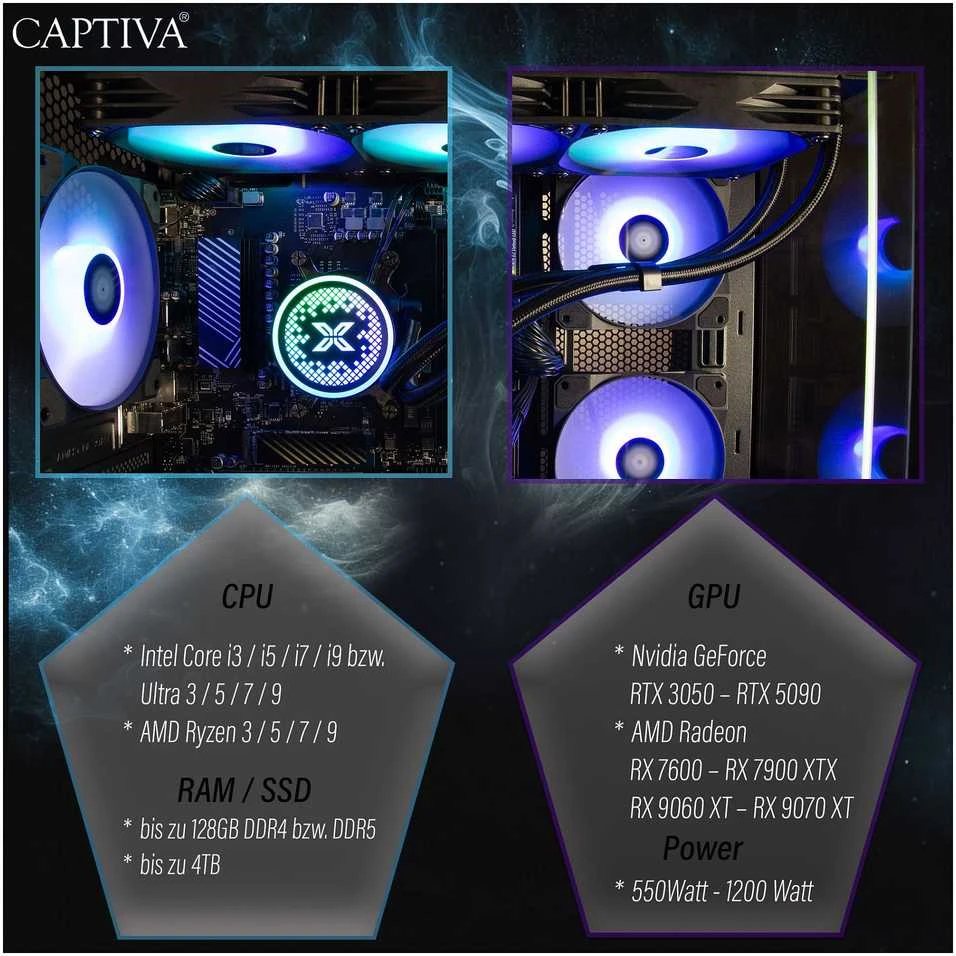 Stacionarus kompiuteris „Captiva“ aukščiausios klasės žaidimų kompiuteris R90-031 R7-5700X 32 GB / 1 TB SSD RTX 5070 „Windows 11“