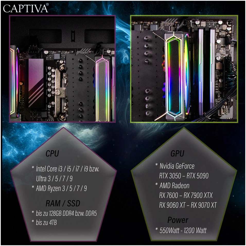 Stacionarus kompiuteris „Captiva“ aukščiausios klasės žaidimų kompiuteris (R98-664) su „Ryzen 7 7800X3D“ 32 GB / 1 TB SSD, RTX 5070Ti, „Windows 11“