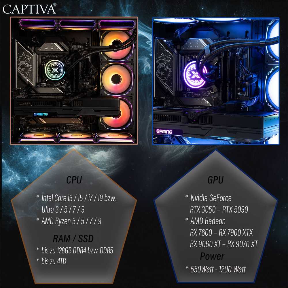 Stacionarus kompiuteris „Captiva Highend“ žaidimų kompiuteris R89-047 su AMD Ryzen 7 7800X3D procesoriumi, 32 GB DDR5 RAM, 2 TB M.2 SSD, NVIDIA GeForce RTX 5080 (16 GB GDDR7), X870, „Windows 11 Home“