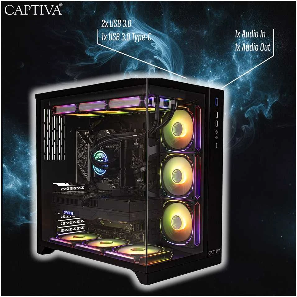 Stacionarus kompiuteris „Captiva Highend“ žaidimų kompiuteris R89-083 su AMD Ryzen 7 9800X3D procesoriumi, 32 GB DDR5 RAM, 2 TB M.2 SSD, NVIDIA GeForce RTX 5080 (16 GB GDDR7), X870, „Windows 11 Home“ operacine sistema