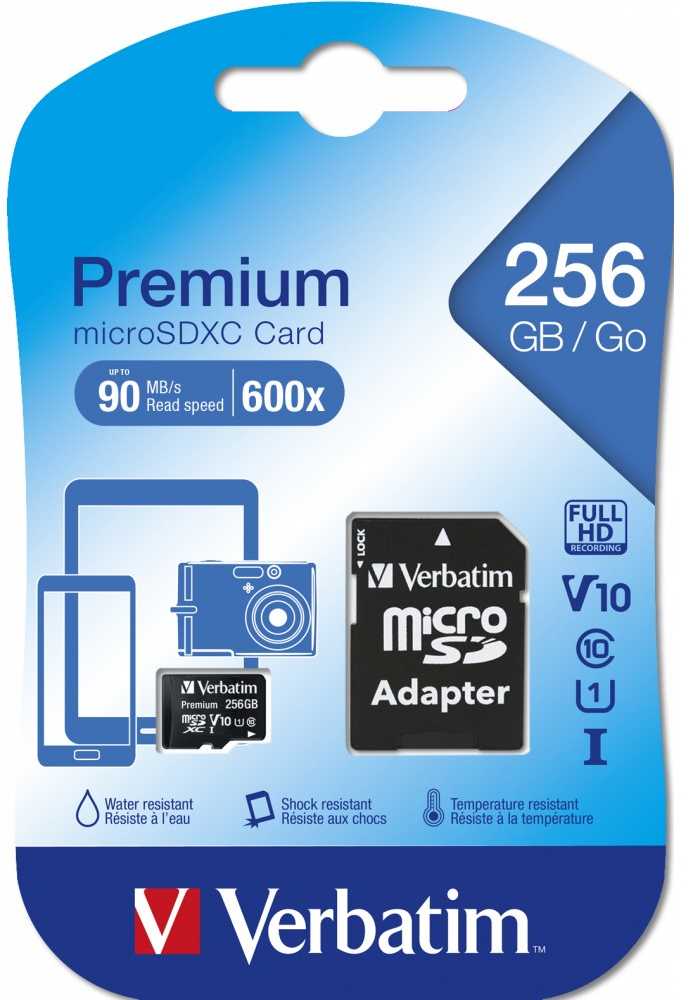 Verbatim Atminties kortelė Micro SDXC 256GB V10 + adapter juodos spalvos 44087
