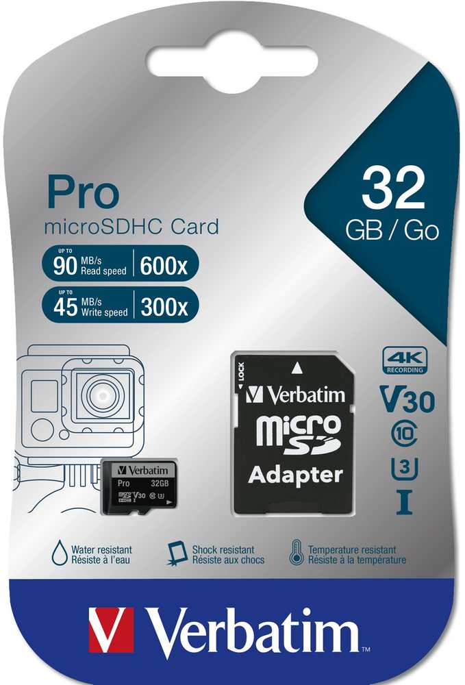 Verbatim Atminties kortelė Micro SD 32GB + adapter Pro U3 juodos spalvos 47041