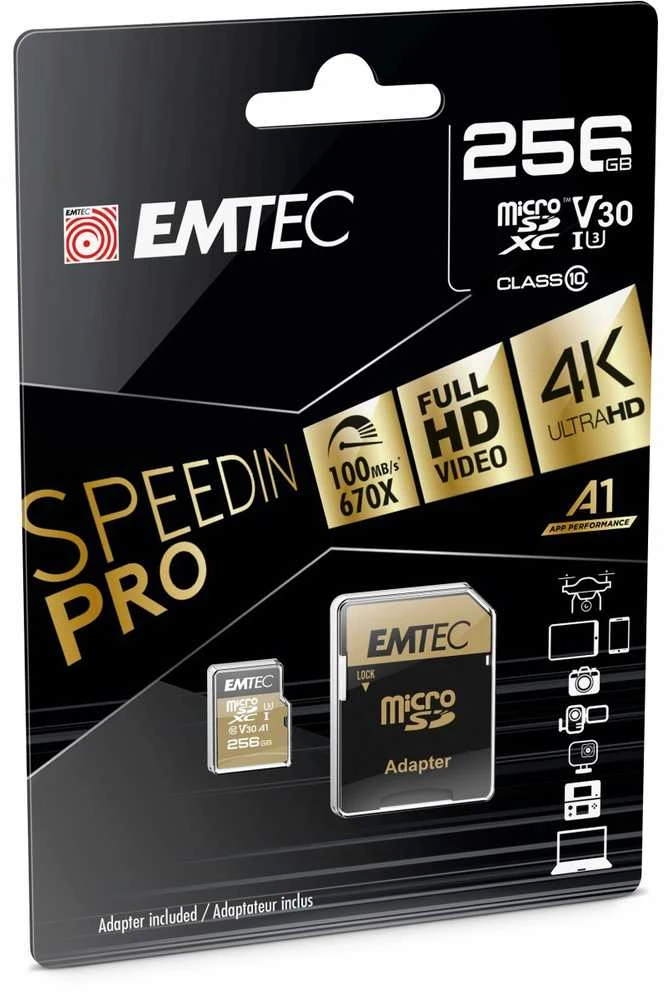 Atminties kortelė Karta Emtec Speedin Pro Micro SDXC 256 GB 10 klasės UHS-I/U3 A1 V30 (ECMSDM256GXC10SP)