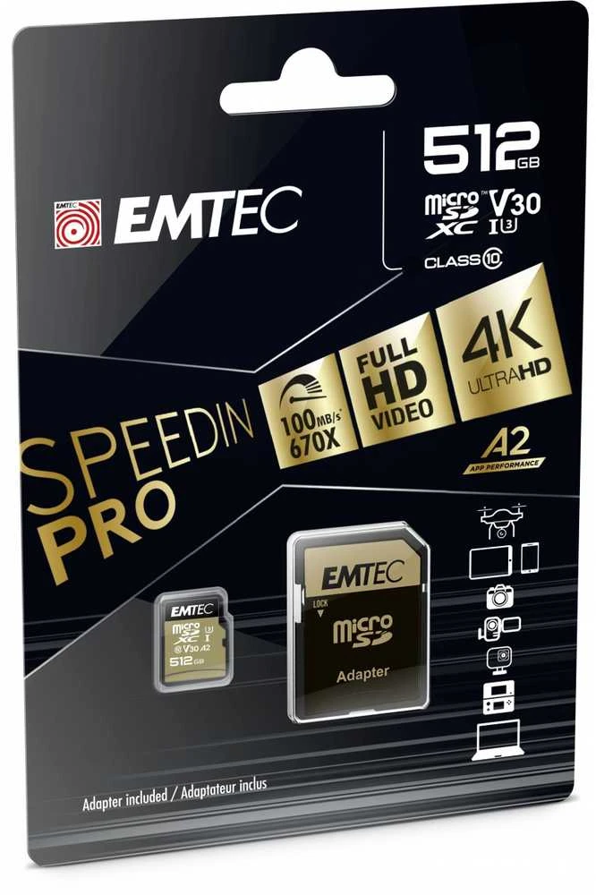 Atminties kortelė Karta Emtec Speedin Pro Micro SDXC 512 GB 10 klasės UHS-I/U3 A2 V30 (ECMSDM512GXC10SP)