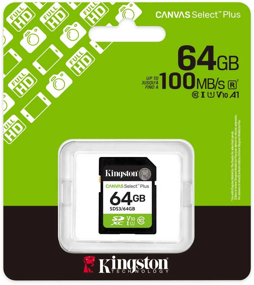 „Kingston Technology“ 64 GB SDXC Canvas Select Plus Gen3 100 MB/s C10 UHS-I U1 V10 atminties kortelė