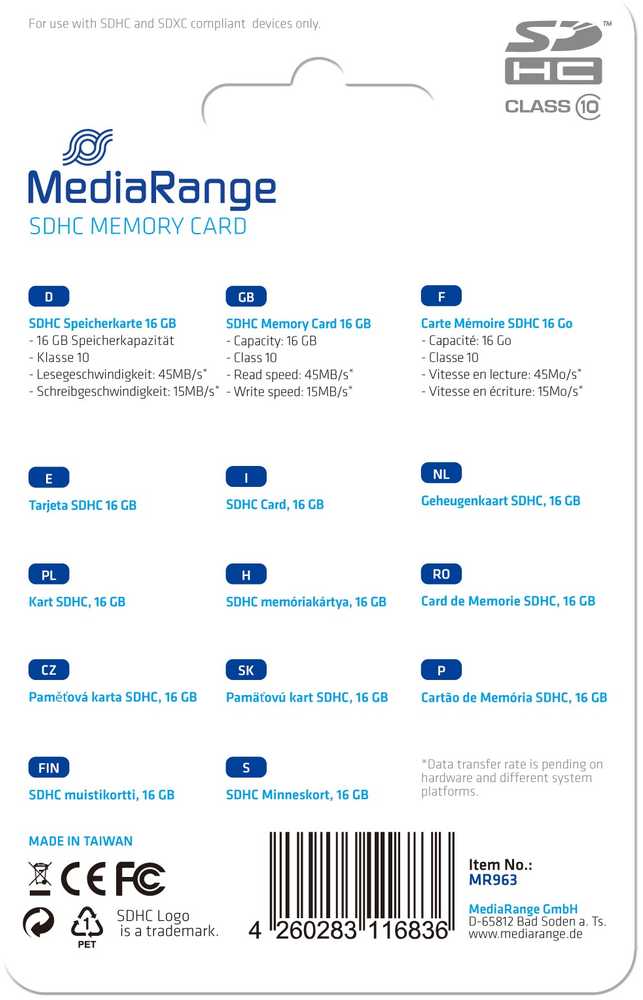 Atminties kortelė Karta MediaRange MR963 SDHC 16 GB Class 10 (MR963)