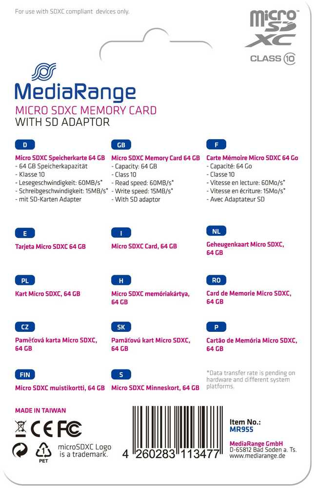 Atminties kortelė MediaRange SD MicroSD Card 64GB SD CL.10 inkl. Adapteris