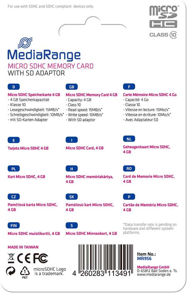 Kortelė MediaRange MR956 Micro SDHC 4 GB klasė 10 UHL- (MR956)