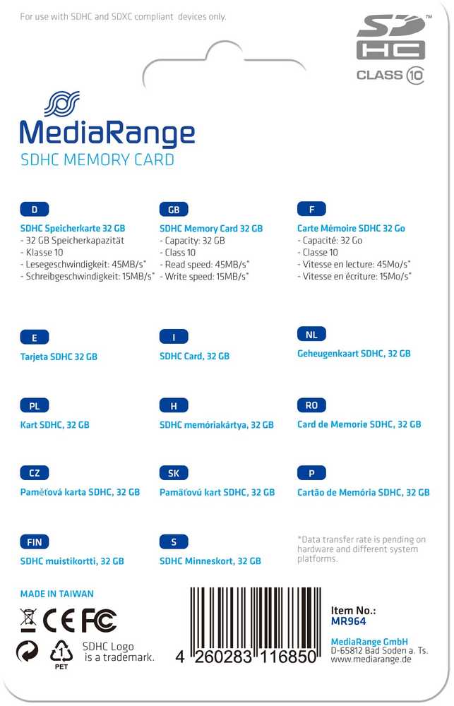 Atminties kortelė „Mediarange Secure Digital“ kortelė, 32 GB, SDHC, MR964, UHS-I U1 (10 klasė), SDHC, SDXC, EOL