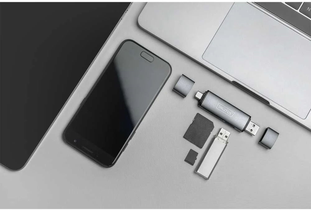 Assmann Electronic DIGITUS DA-70886 Combo kortelių skaitytuvo šakotuvas USB-C+USB 3.0 1x SD 1xMicroSD 1xUSB 3.0 pilkas