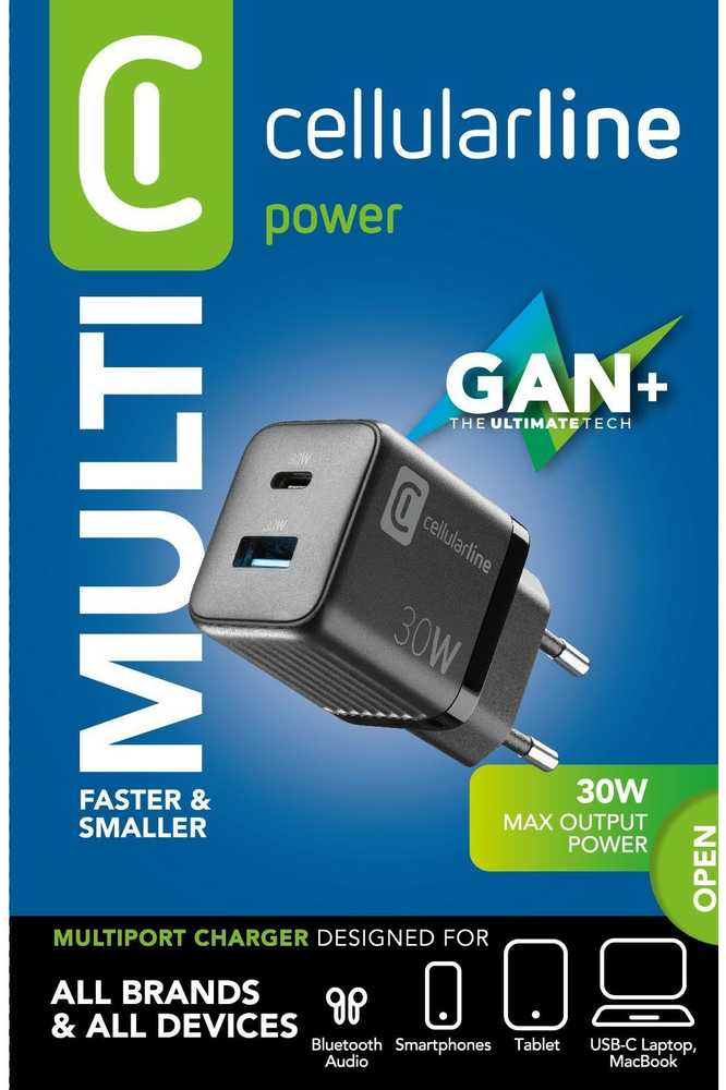 Cellular Line Cellularline Multipower Micro GaN - USB-C &amp; USB-A Power Delivery 30W mains įkroviklis juodos spalvos