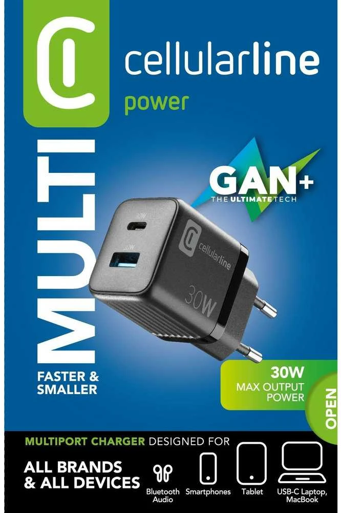 Cellular Line Cellularline Multipower Micro GaN - USB-C &amp; USB-A Power Delivery 30W mains įkroviklis juodos spalvos