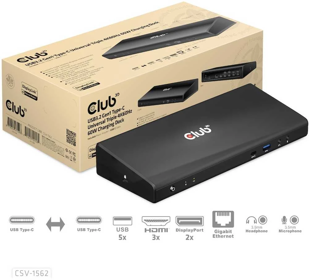 Club 3D CLD CLUB3D CSV-1562 knyginių kompiuterių dokas / jungčių replikatorius Prijungimas USB 3.2 Gen 1 (3.1 Gen 1) Type-C Juoda
