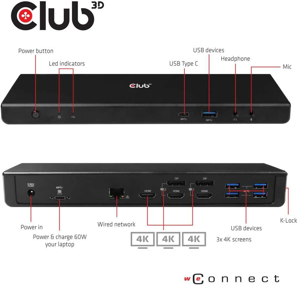 Club 3D CLD CLUB3D CSV-1562 knyginių kompiuterių dokas / jungčių replikatorius Prijungimas USB 3.2 Gen 1 (3.1 Gen 1) Type-C Juoda