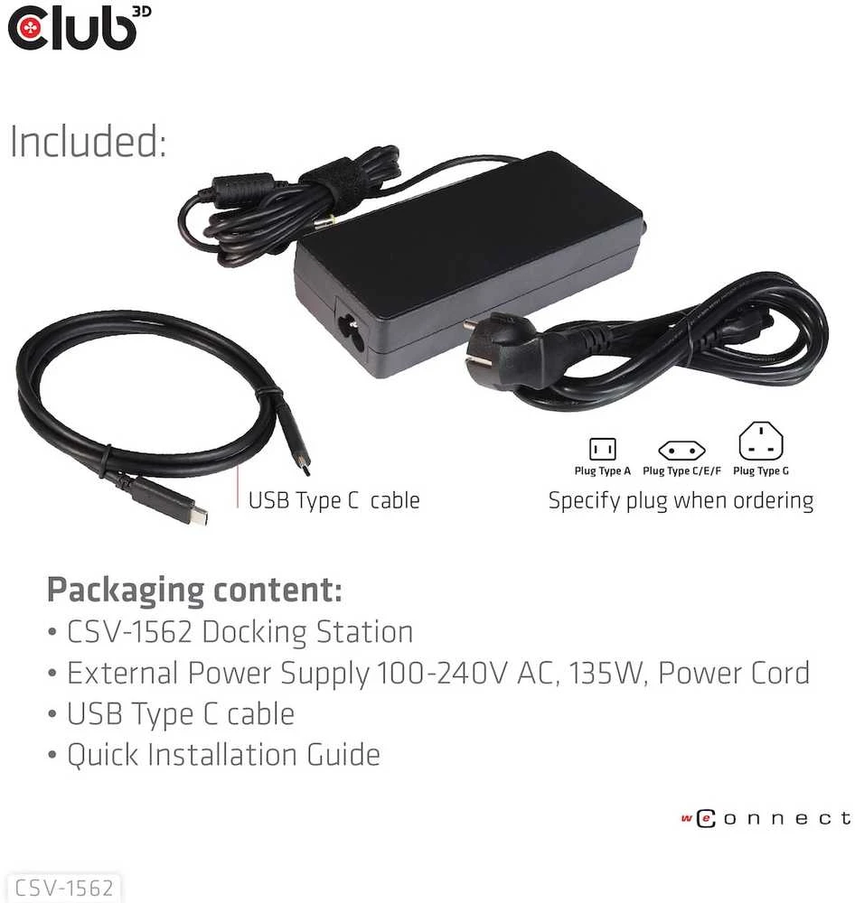 Club 3D CLD CLUB3D CSV-1562 knyginių kompiuterių dokas / jungčių replikatorius Prijungimas USB 3.2 Gen 1 (3.1 Gen 1) Type-C Juoda