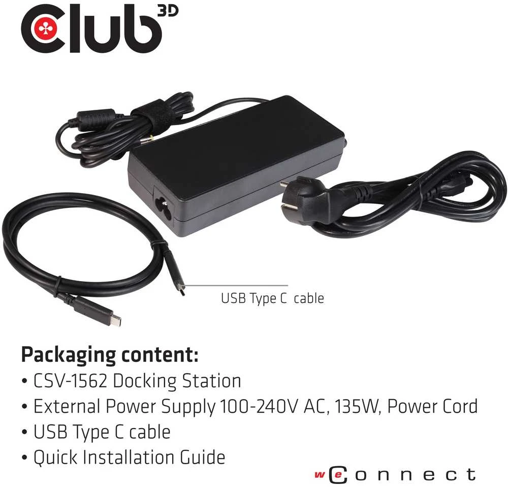 Club 3D CLD CLUB3D CSV-1562 knyginių kompiuterių dokas / jungčių replikatorius Prijungimas USB 3.2 Gen 1 (3.1 Gen 1) Type-C Juoda