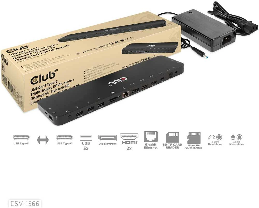 Club 3D USB Gen1 Type-C Triple Ekranas DP Alt Mode PD Docking Station 120W