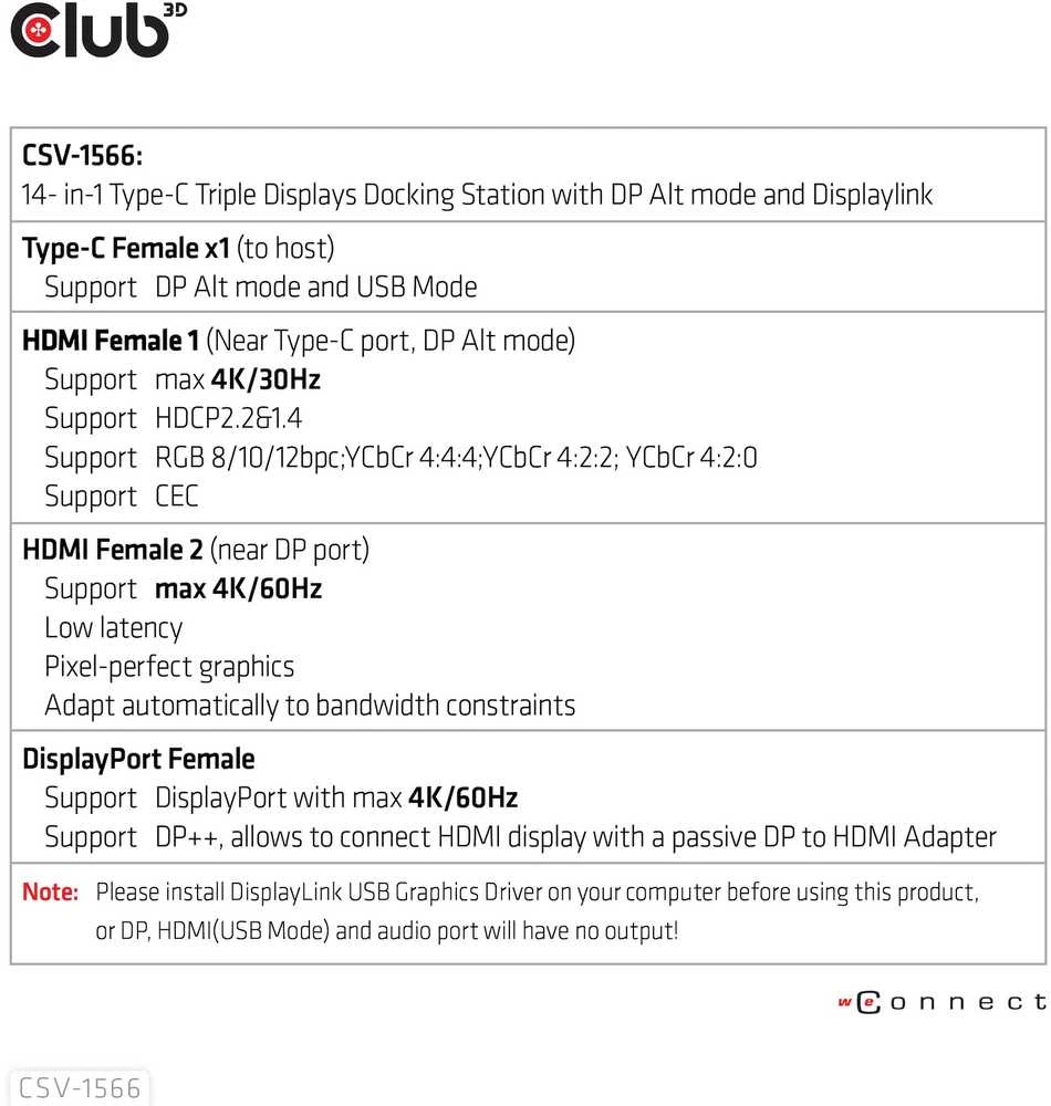 Club 3D USB Gen1 Type-C Triple Ekranas DP Alt Mode PD Docking Station 120W