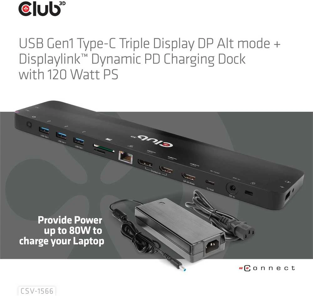 Club 3D USB Gen1 Type-C Triple Ekranas DP Alt Mode PD Docking Station 120W