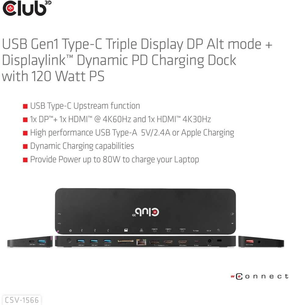 Club 3D USB Gen1 Type-C Triple Ekranas DP Alt Mode PD Docking Station 120W
