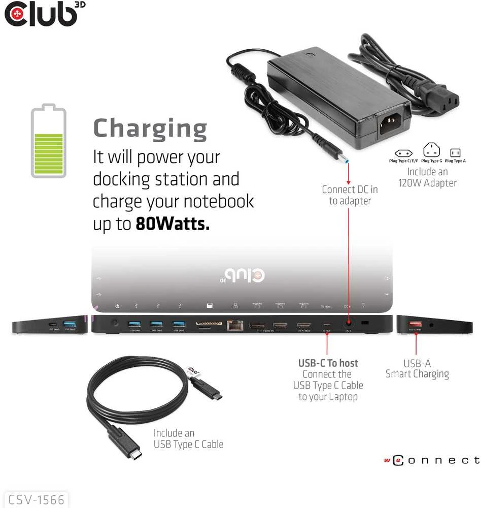 Club 3D USB Gen1 Type-C Triple Ekranas DP Alt Mode PD Docking Station 120W