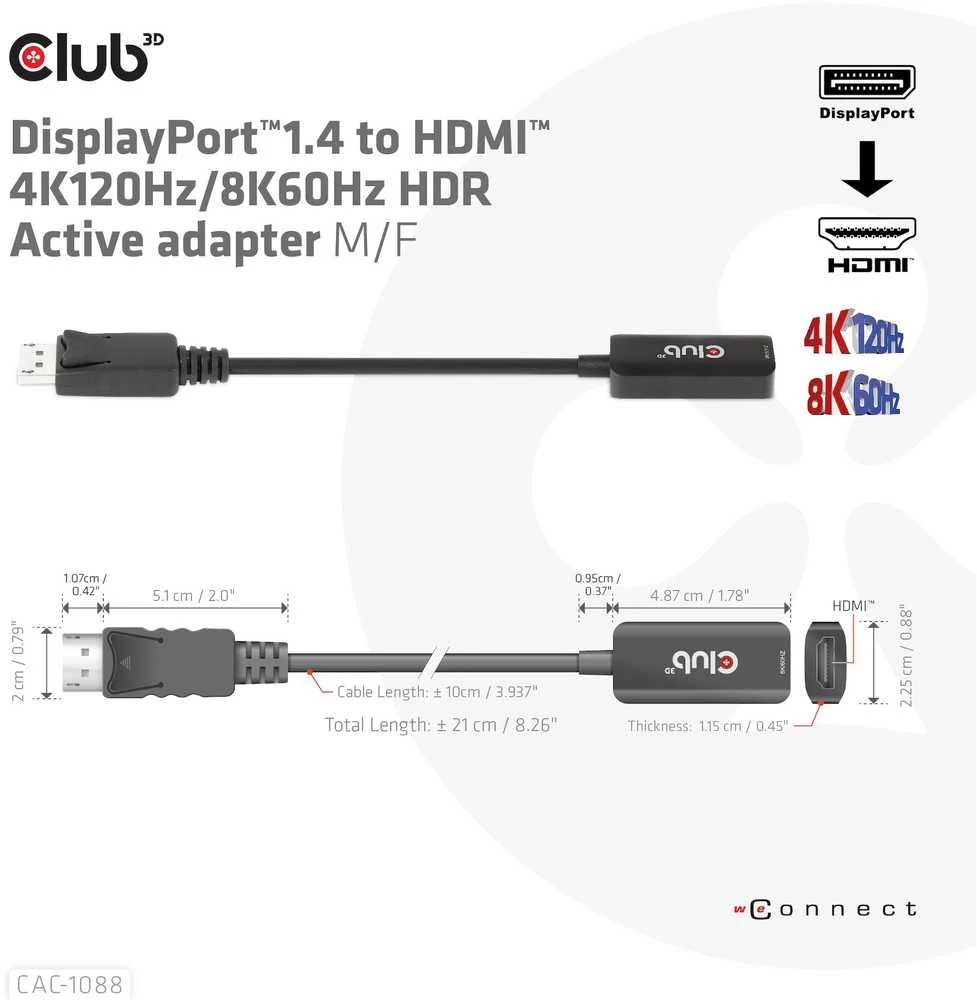 Club 3D CLUB3D CAC-1088 kabelio adapteris 0.21m DisplayPort HDMI juodas