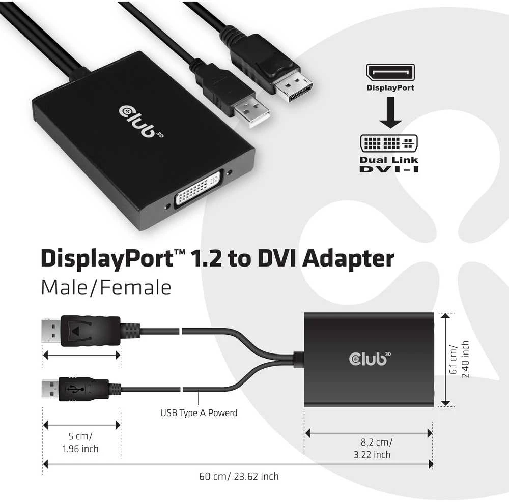 Club 3D DisplayPort į Dual Link DVI-D HDCP ON versijos aktyvusis adapteris M/F - CAC-1010