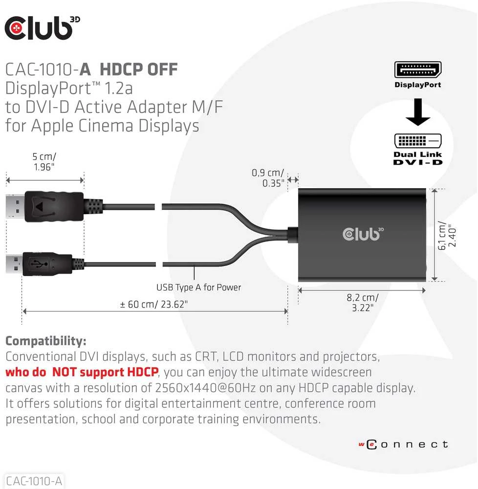 Club 3D CLD CLUB3D CAC-1010-A vaizdo kabelio adapteris 0,6 m DisplayPort DVI-D + USB Juoda