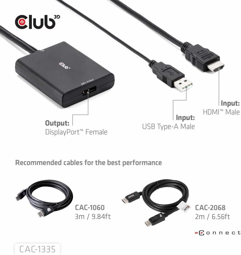 Club 3D HDMI + Micro USB į DisplayPort 4K120Hz/8K30Hz aktyvus adapteris